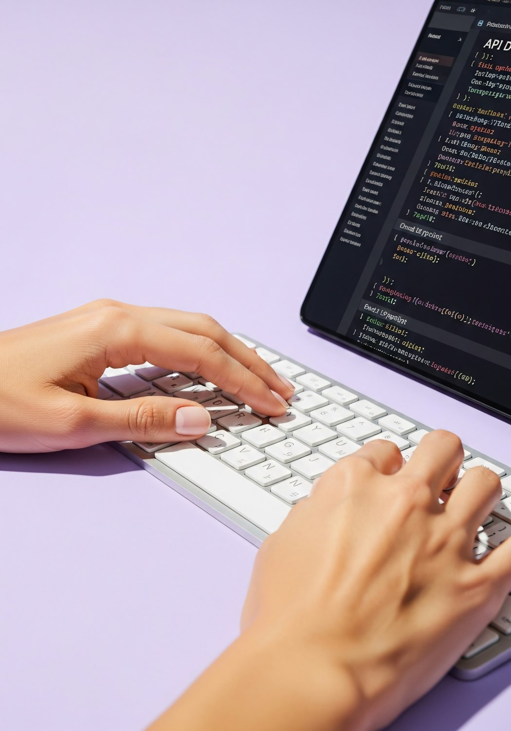 Hands typing on a keyboard with a laptop