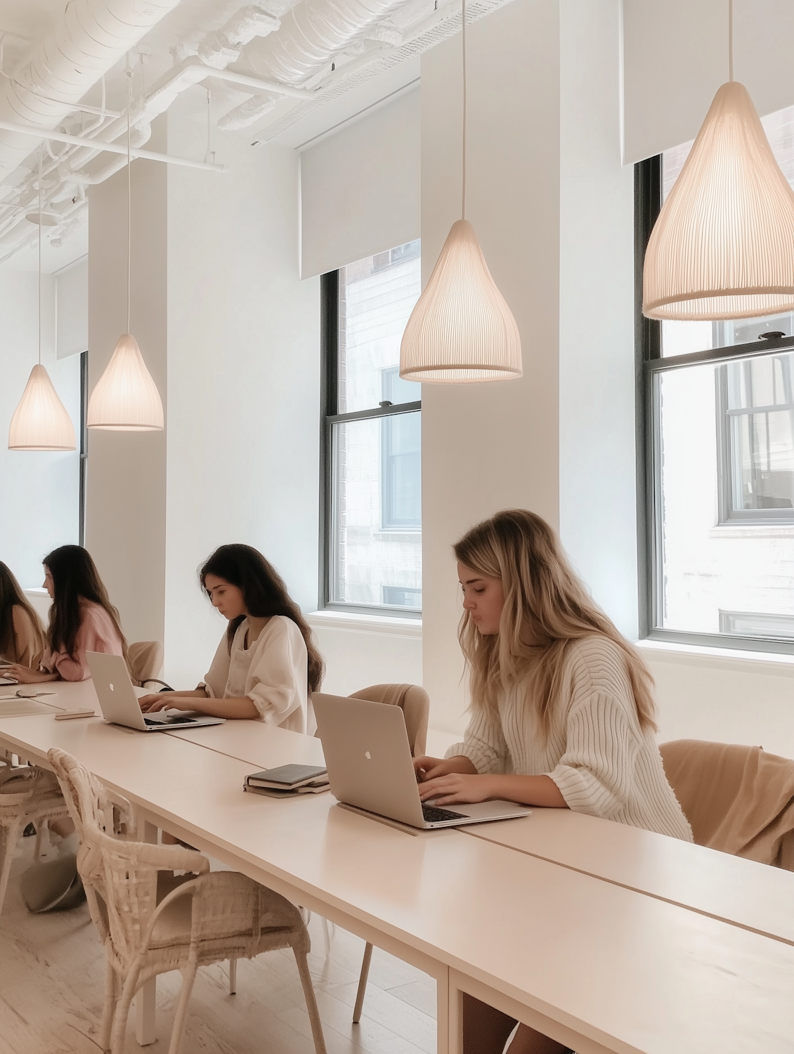 A team working on laptops in a bright modern office